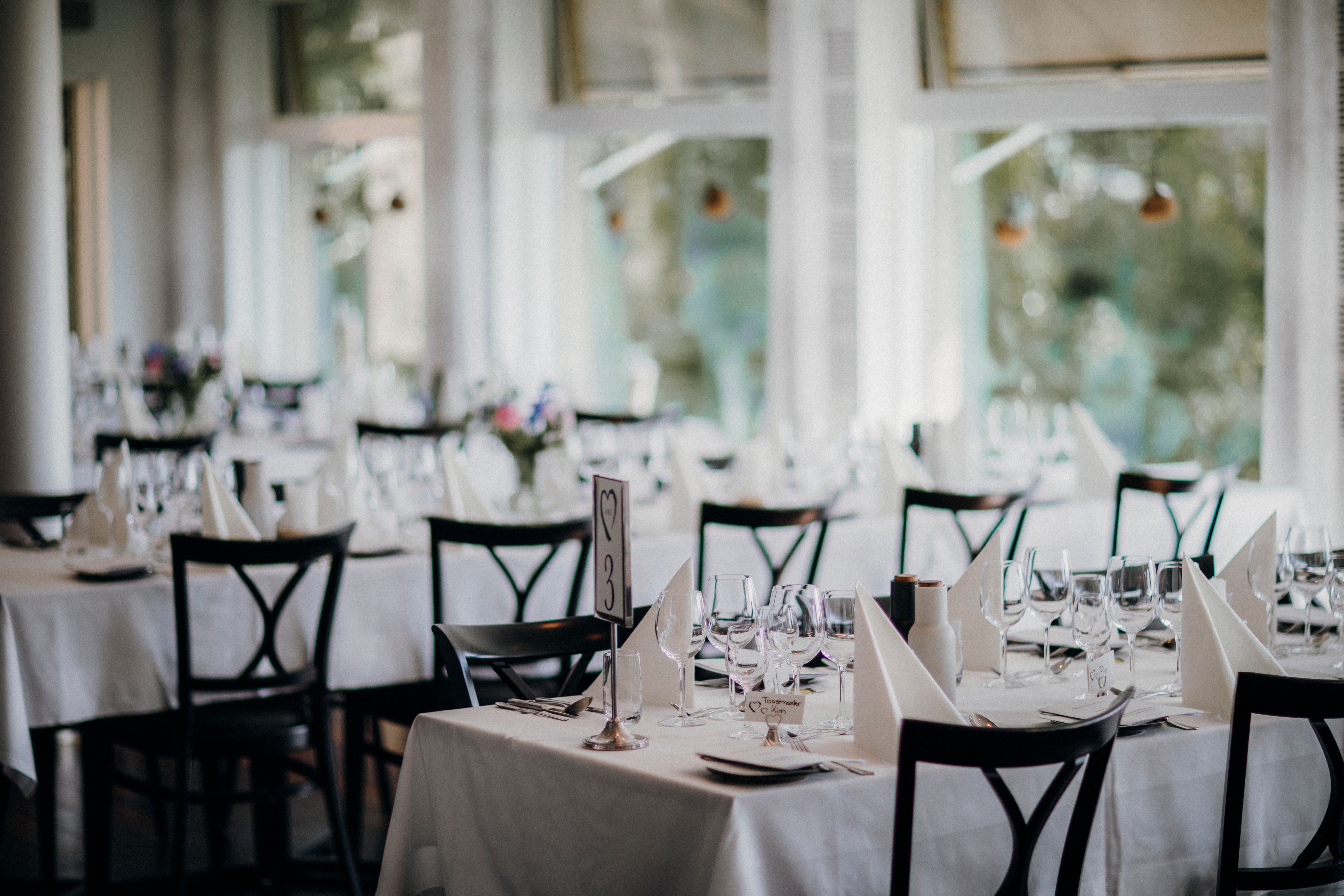 Elegant wedding dining room prepared for guests